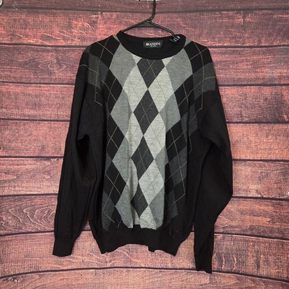 Brandini Argyle Black‎ & Gray Pullover WOOL Sweater Mens XL Made in Italy